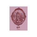 Vintage-style illustration of a figure with a weapon in an oval frame on a pink background