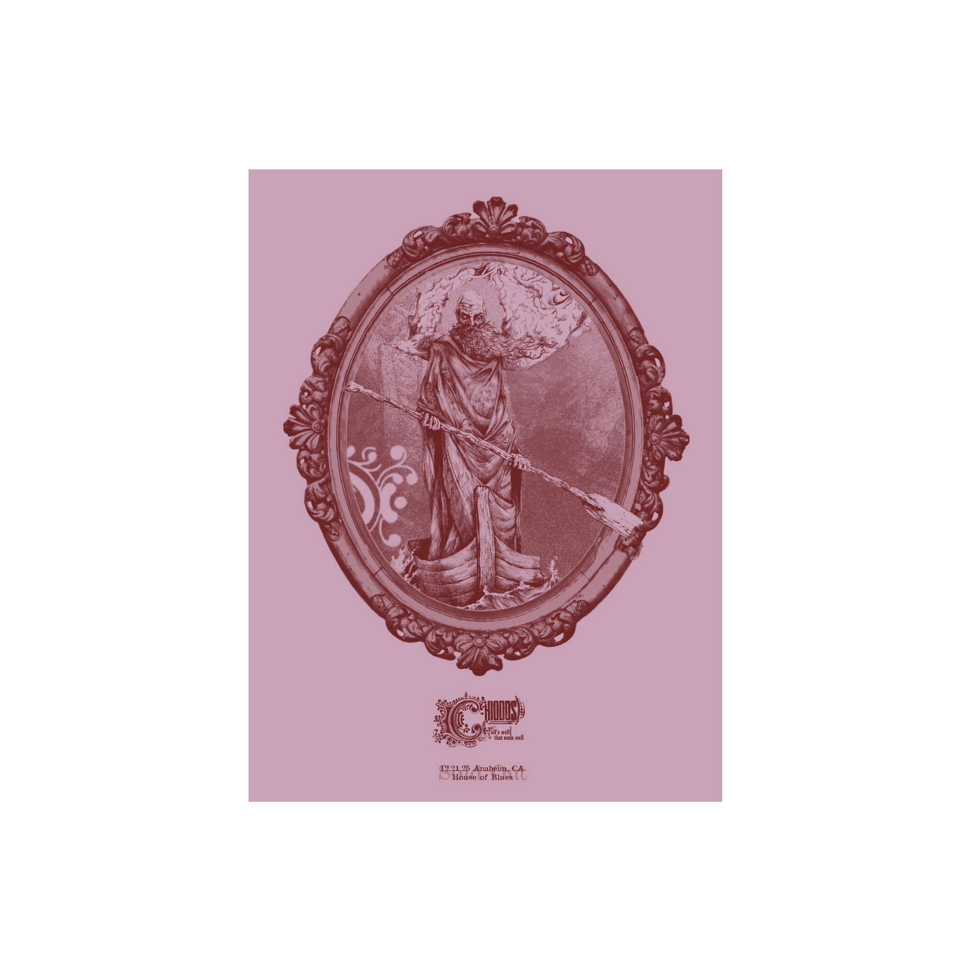 Vintage-style illustration of a figure with a weapon in an oval frame on a pink background