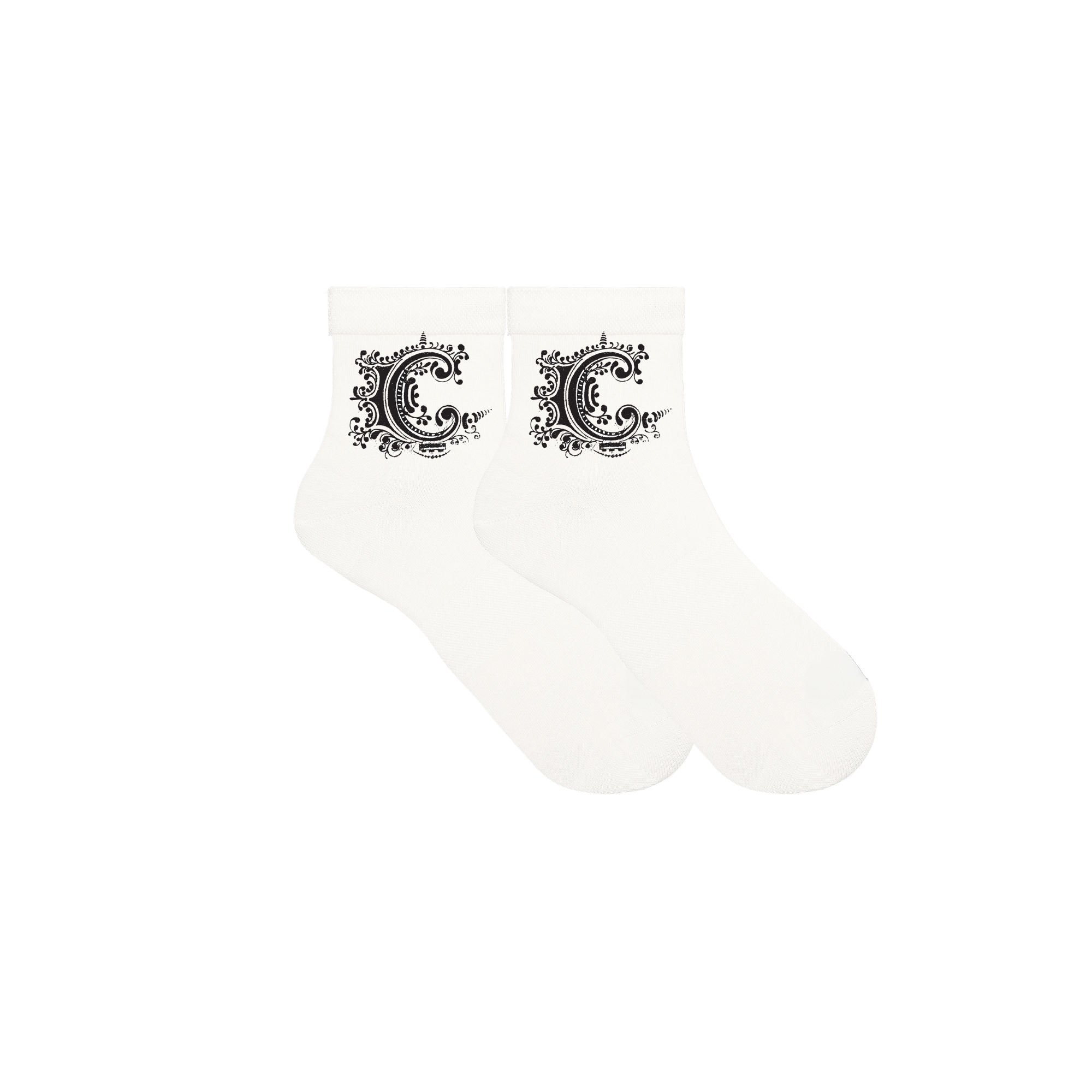 White socks with black decorative 'C' design on a white background