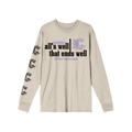 Beige long-sleeve shirt with text and graphics on a white background