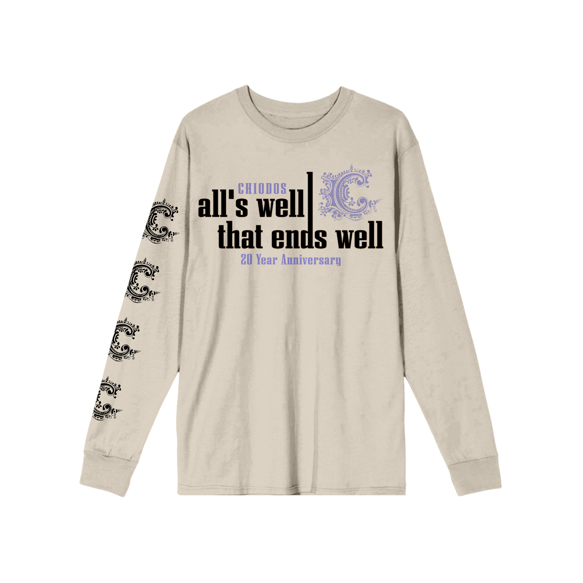 Beige long-sleeve shirt with text and graphics on a white background