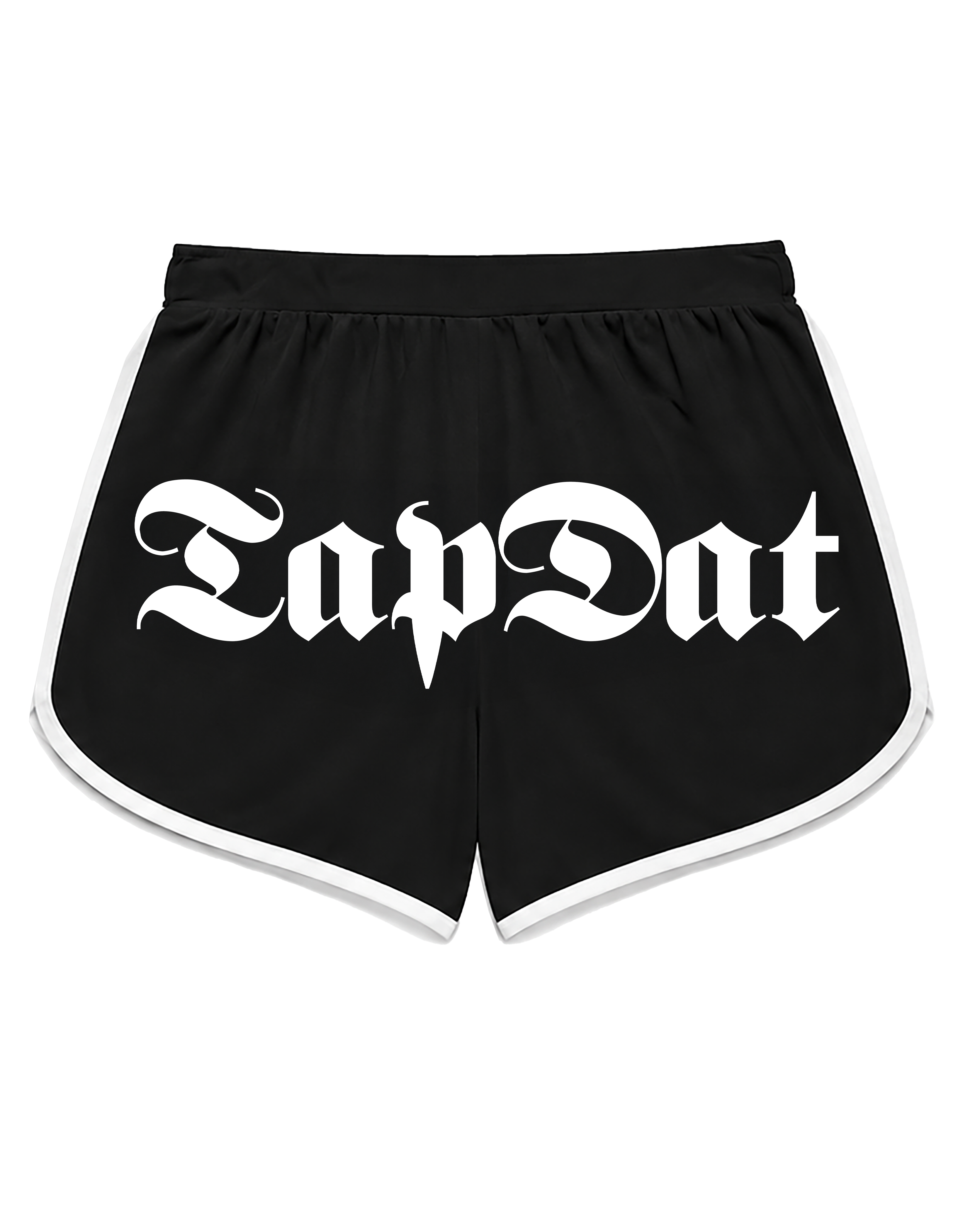 Black athletic shorts with white side piping and a large white Gothic-style 'TapDat' logo printed across the front, shown on a plain white background.