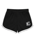 Black athletic shorts with white piping along the edges and a white circular graphic logo on the lower left leg, displayed against a solid white background.