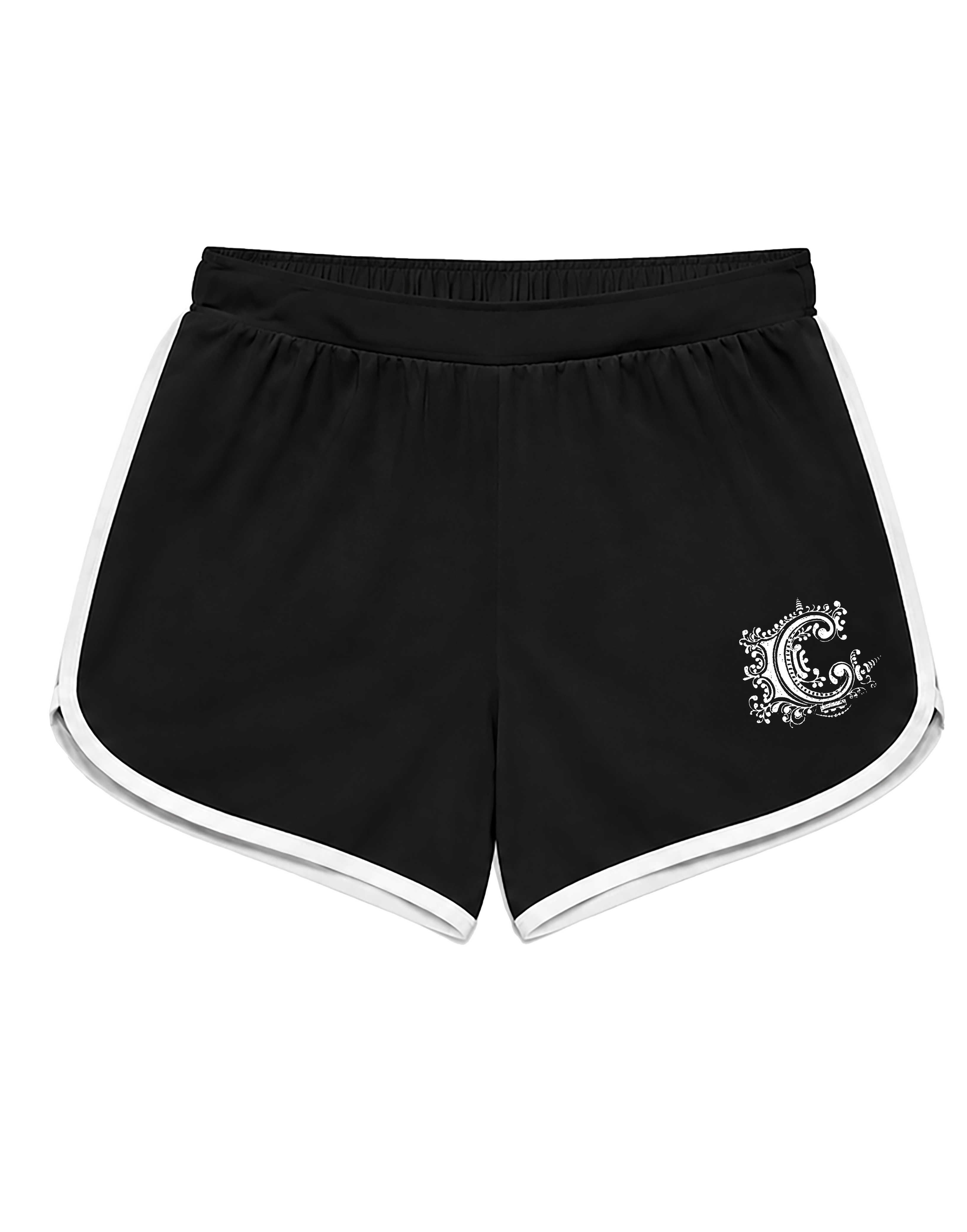 Black athletic shorts with white piping along the edges and a white circular graphic logo on the lower left leg, displayed against a solid white background.