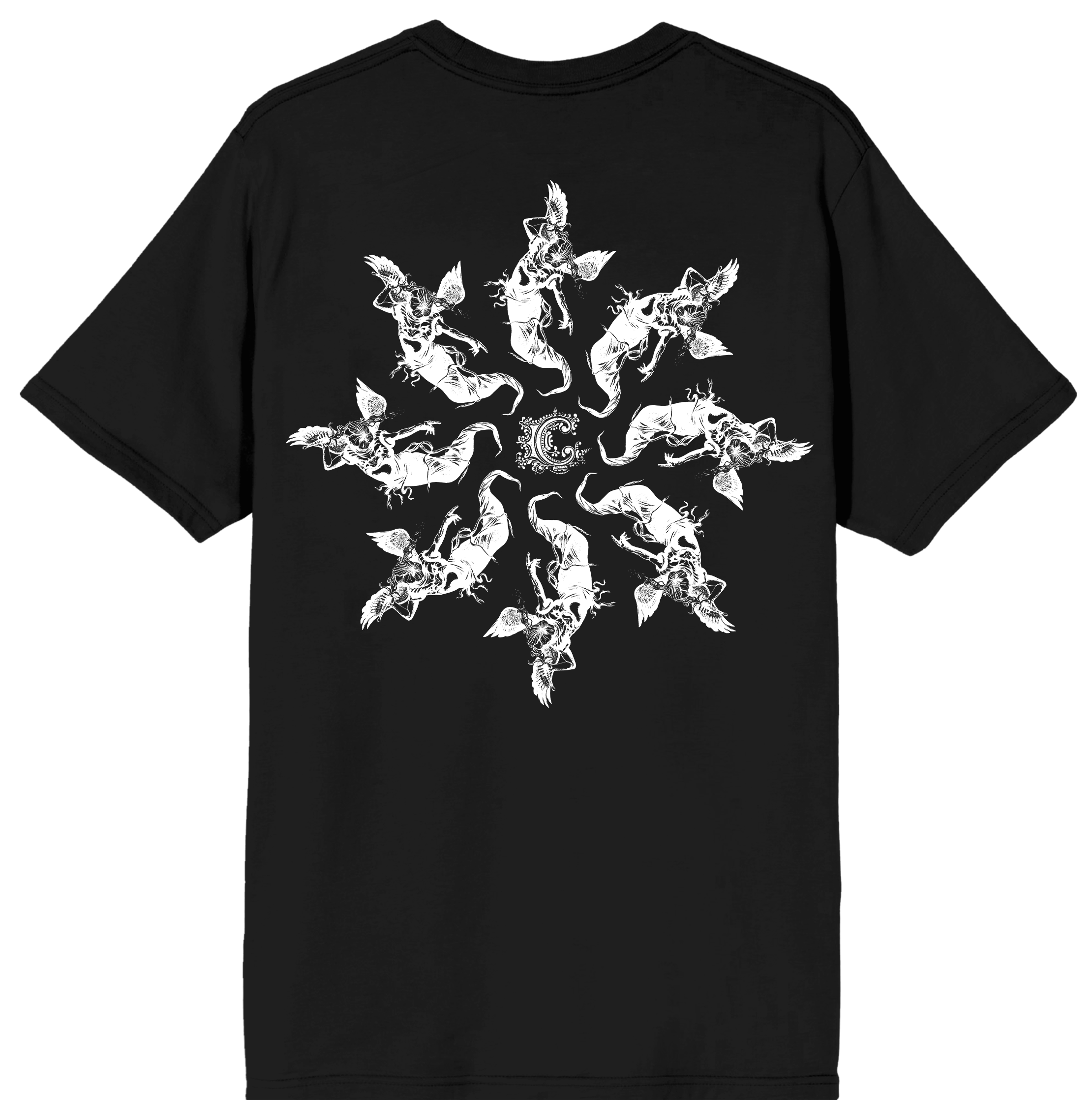 A black short-sleeve t-shirt shown from the back, featuring a large white graphic print of nine stylized fish arranged in a circular pattern with a central skull motif.