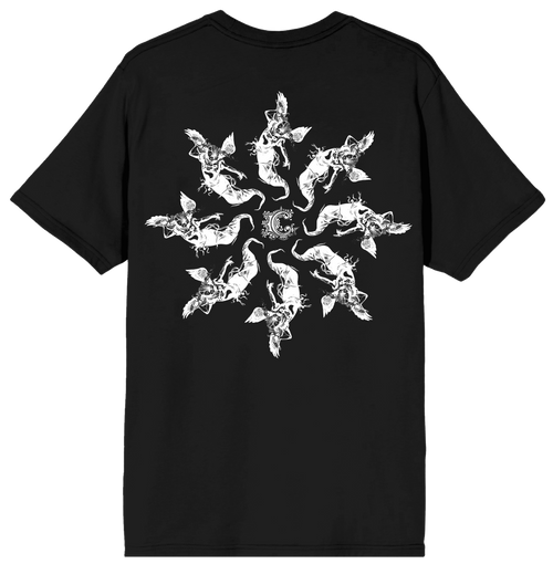 A black short-sleeve t-shirt shown from the back, featuring a large white graphic print of nine stylized fish arranged in a circular pattern with a central skull motif.