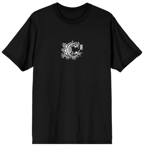 A black short-sleeve crewneck t-shirt featuring a white circular graphic on the center chest with a yin-yang symbol and the words 'Yin Yang Balance'.