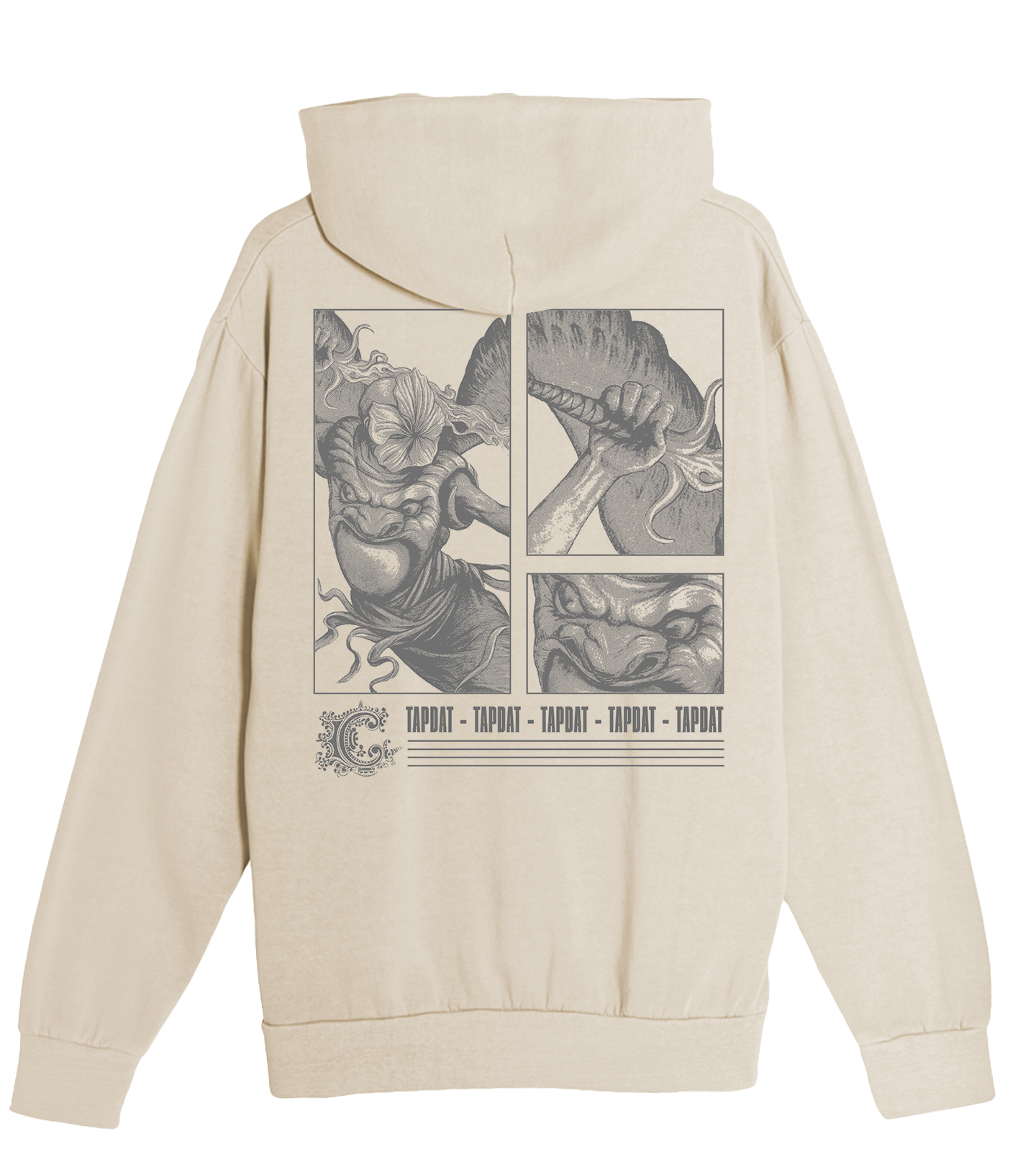 A cream-colored hooded sweatshirt shown from the back, featuring a large black and white graphic print of a winged demon or beast with the word 'TAPDAT' repeated in stylized text.