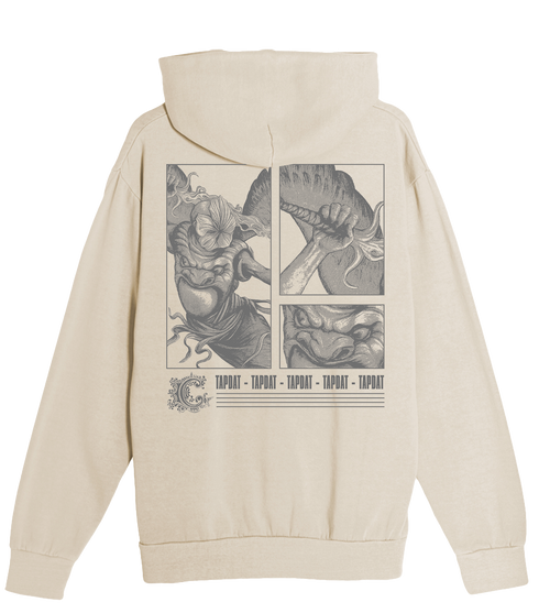 A cream-colored hooded sweatshirt shown from the back, featuring a large black and white graphic print of a winged demon or beast with the word 'TAPDAT' repeated in stylized text.