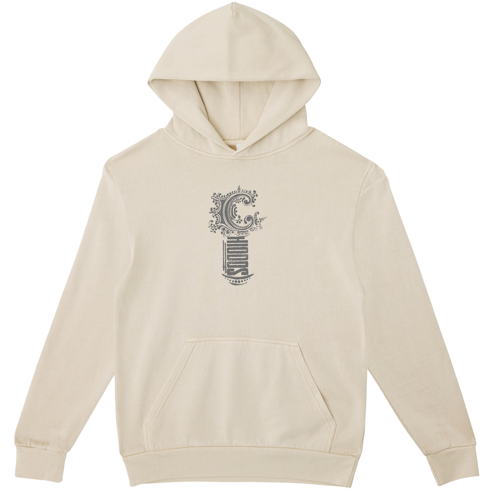A cream-colored pullover hoodie with a detailed gray graphic of a letter 'C' on the chest, displayed on a clean white background.