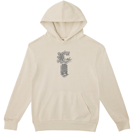 A cream-colored pullover hoodie with a detailed gray graphic of a letter 'C' on the chest, displayed on a clean white background.