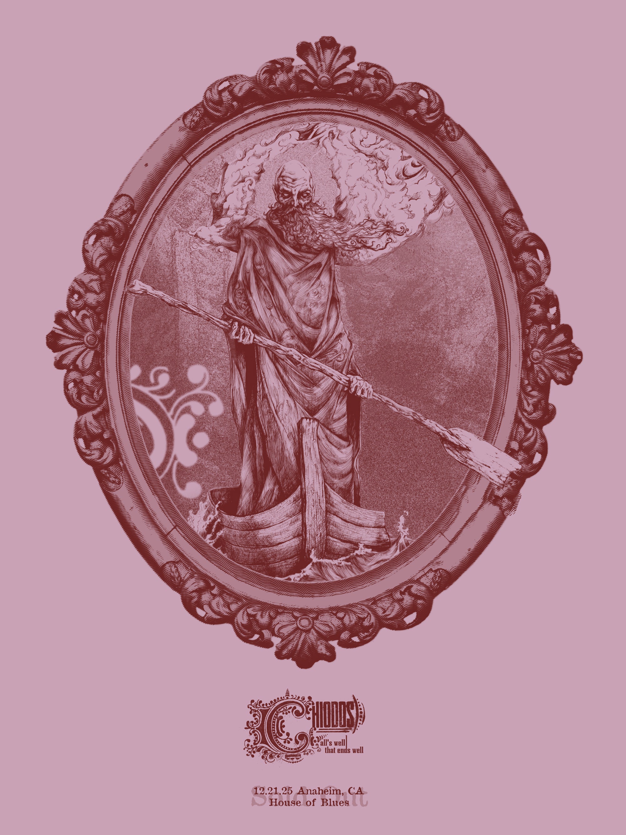 Decorative illustration of a bearded figure with a staff in an ornate frame on a pink background.