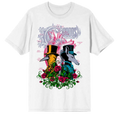 A white short-sleeve crewneck t-shirt featuring a colorful graphic print of two beings in top hats surrounded by pink roses and a heart-shaped organ illustration in the background.