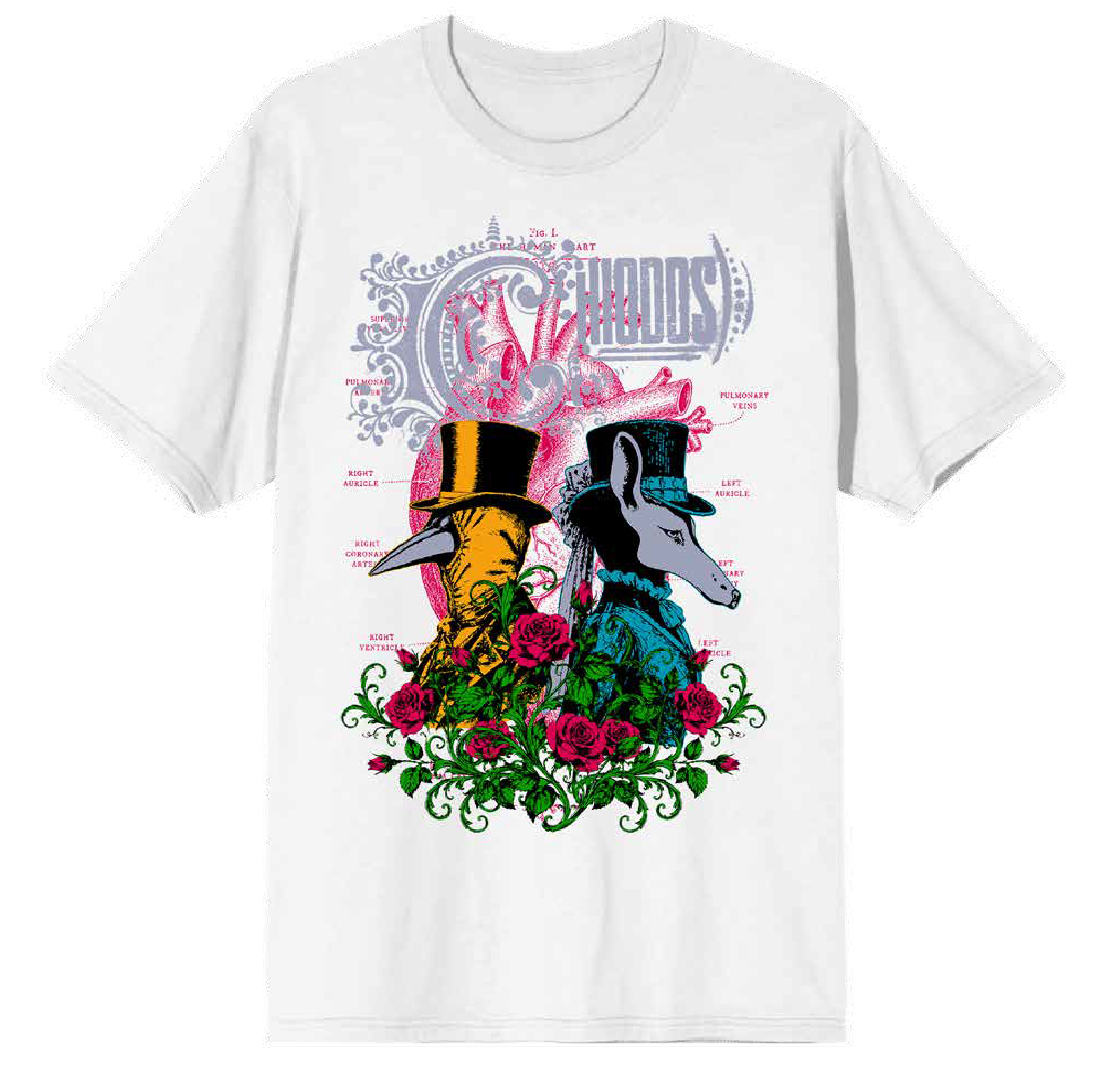 A white short-sleeve crewneck t-shirt featuring a colorful graphic print of two beings in top hats surrounded by pink roses and a heart-shaped organ illustration in the background.