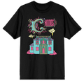 A black short-sleeve crewneck t-shirt featuring a colorful graphic print of a haunted house and the word 'Chiodos' in stylized pink and teal lettering.