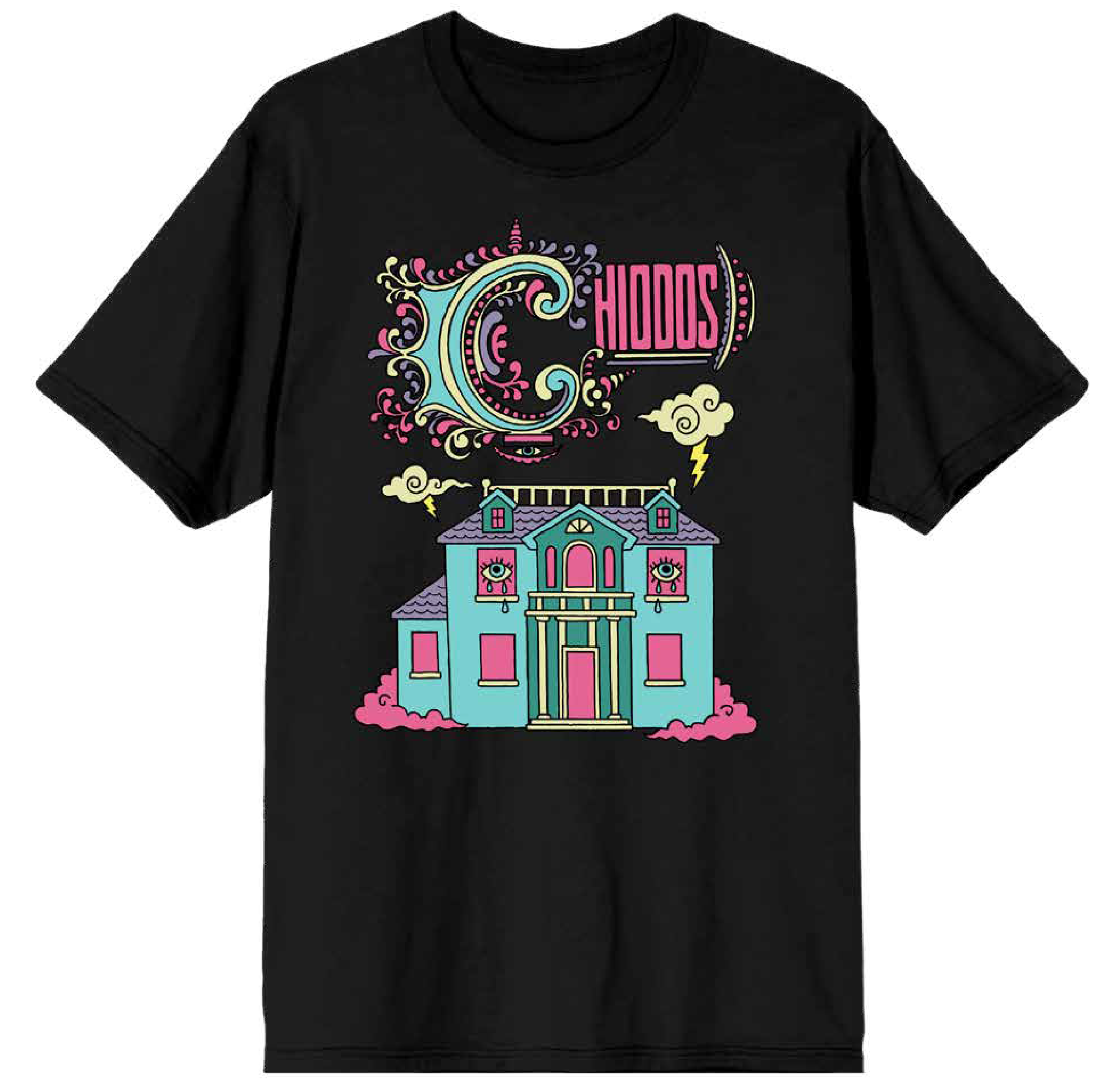 A black short-sleeve crewneck t-shirt featuring a colorful graphic print of a haunted house and the word 'Chiodos' in stylized pink and teal lettering.