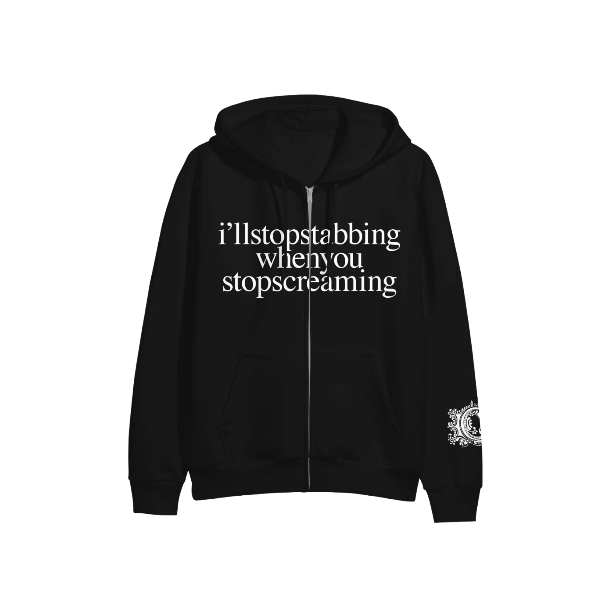 Black hoodie with white text on a white background