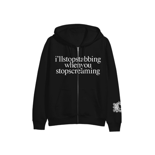 Black hoodie with white text on a white background