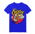 Blue t-shirt with colorful graphic and text on a white background