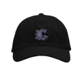 Black cap with an embroidered logo on a white background