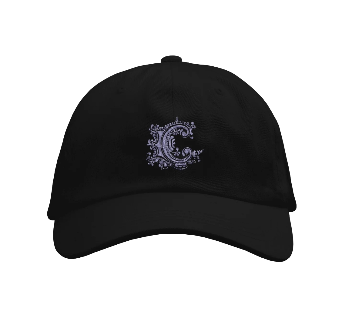 Black cap with an embroidered logo on a white background